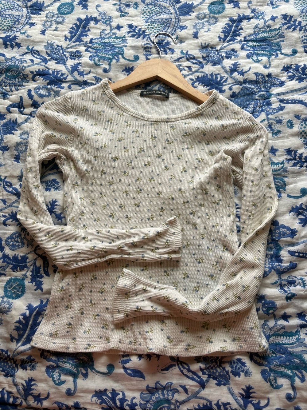 Brandy Melville Cream Waffle-Knit Long Sleeve Top with Green Floral Print